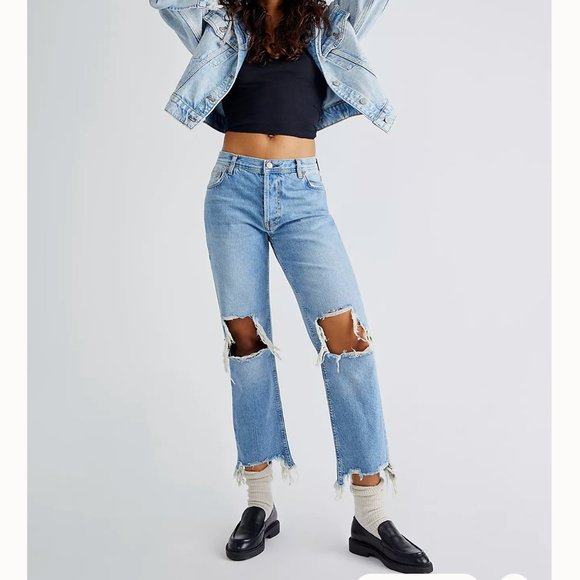 Free People We the Free Maggie Mid-Rise Straight-Leg Jeans Ripped Frayed 29 - Picture 1 of 14